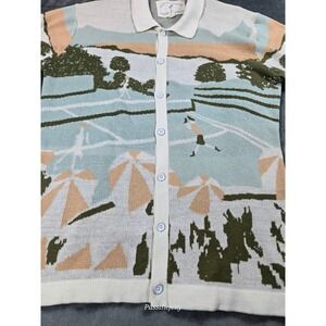 Free‎ Planet Men's Small Crocheted Polo Shirt Graphic Button Tennis Knit